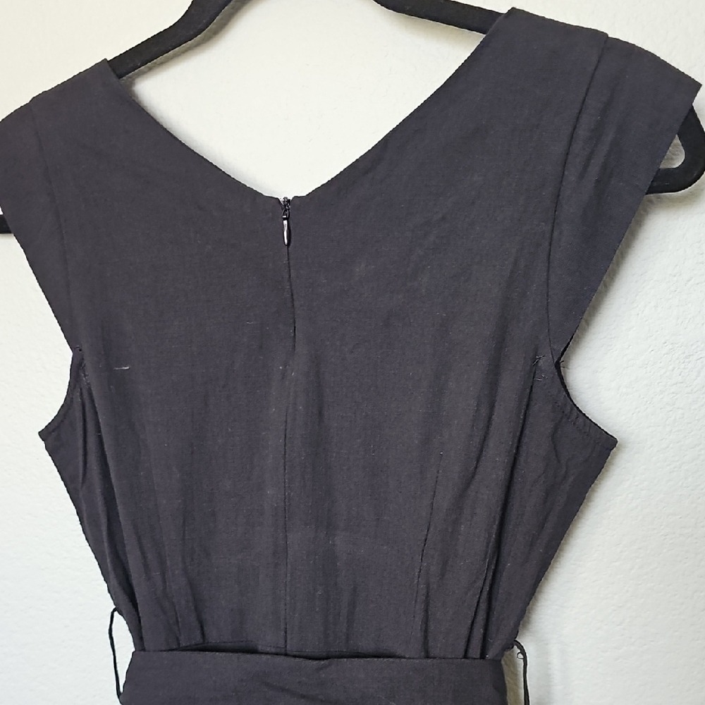 Calista V Neck Witchy Fall Belted Small Cotton Elegant Black Sleeveless Dress - Picture 9 of 11